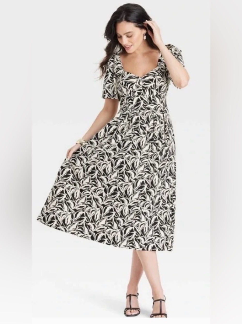 a new day Black & Cream Leaf-Print Midi Dress